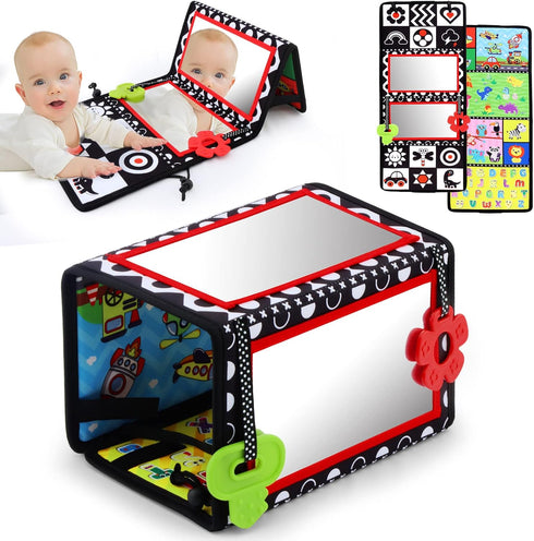 Tummy Time Floor Mirror with Teethers, Double-Sided Baby Mirror Black and White High Contrast Baby Toys for Babies, Baby Montessori Toys Crawling ...