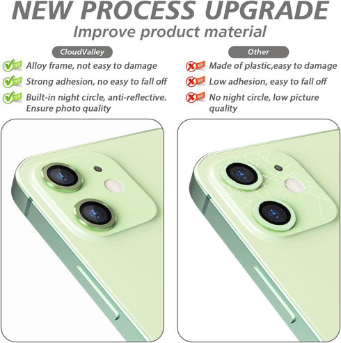 CloudValley Camera Lens Protector for iphone 12/12 Mini / 11, Tempered Glass Film, Aluminum Alloy Screen Cover, 2 Pack Green, with Cleaning Kit...