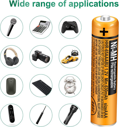 4 Pack HHR-65AAABU NI-MH Rechargeable Battery for Panasonic 1.2V 630mAh AAA Battery for Cordless Phones...