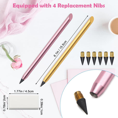 2Pcs Everlasting Metallic Pencil, Reusable Metal Inkless Pencil with 4 Replacement Nibs/Eraser, Metal Eternal Pencil Unlimited Writing Erasable In...