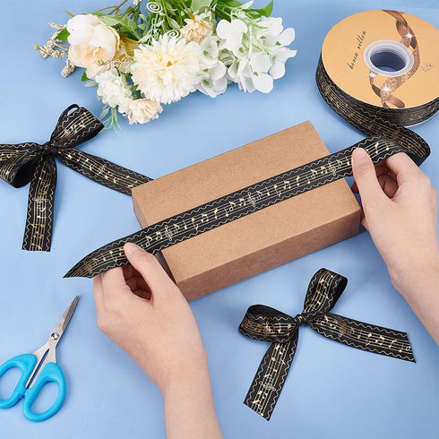 48 Yards Musical Note Ribbon, Black Polyester Musical Notes Craft Ribbon Single Face Hot Stamping Satin Ribbon for Gift Packaging Party Decoration...