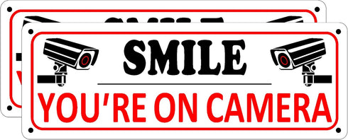 Smile You're on Camera Sign, 2 Pack Video Surveillance Sign, 10" x 3.5" Home Security Signs for House Business, Metal Camera Warning Sign Outdoor,...