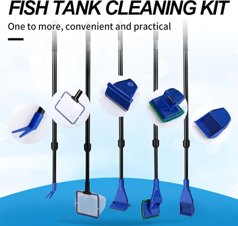 Fish Tank Cleaning Tools, 5 in 1 Cleaning Tool Kit, Aquarium Clean Set,Fish Net Gravel Rake Algae Scraper Fork Sponge Brush Glass Cleaner Tools Ki...