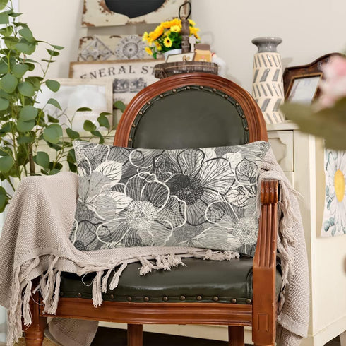 Gray Abstract Floral Throw Pillow Covers 12x20 In Black White Gray Flowers Lumbar Pillow Covers Abstract Modern Farmhouse Pillowcases Home Decor f...