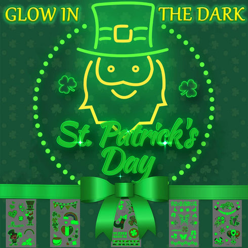 10 Sheets St. Patrick’s Day Temporary Tattoos,Lucky Shamrock Leprechaun Glow in The Dark Tattoos Green Clover Irish Designs Paint Art Luminous Tat...