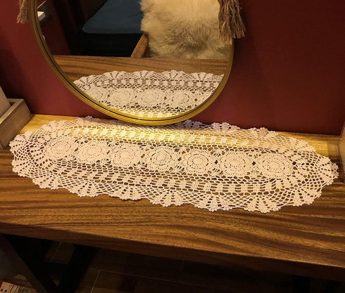 Beige Handmade Crochet Cotton Table Runner Lace Doilies Doily Oval Dresser Scarves,11.8 by 35 Inches....
