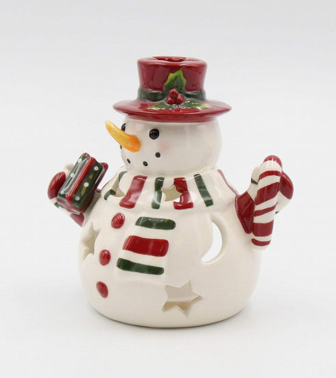 Fine Ceramic Snowman Wearing Scarf Tea Light Candle Holder, 5-1/2" H...