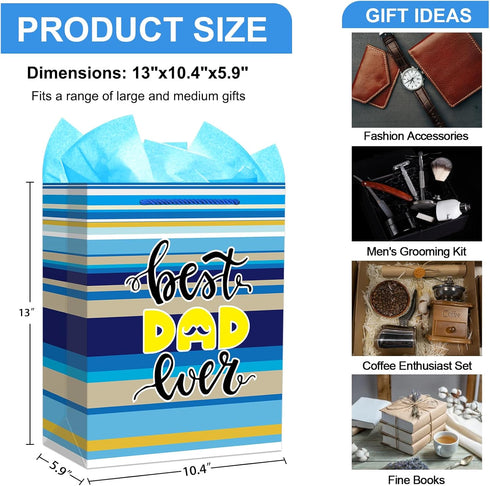 FaCraft Fathers Day Gift Bag - 13" Large Happy Father's Day Gift Bags with Tissue Paper Best Dad Ever Paper Bag with Handle for Dad Stepdad Grandf...