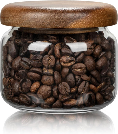 1 PC Small Glass Storage Jars with Airtight Lids, 10 fl oz (300ml) coffee container with Wooden Lid, Glass Pantry Canister for Beans, Rice, Sugar ...