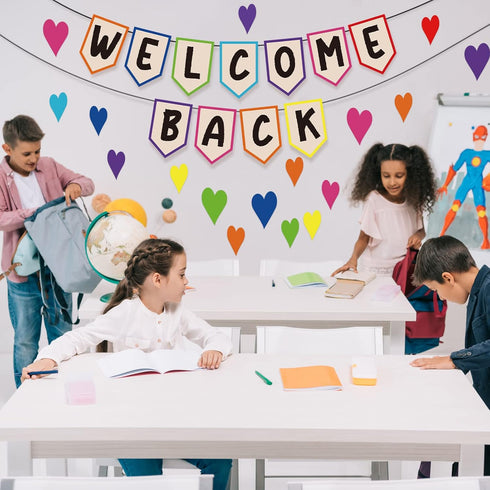 Mixweer 61 Pcs Welcome Back Banner Welcome Bulletin Board Set Boho Classroom Decor Classroom Borders for Bulletin Board Hearts Accents for First D...