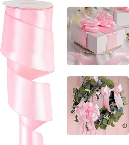 HUIHUANG Pink Satin Wired Ribbon 2.5 inch Light Pink Double Sided Satin Wire Ribbon for Easter Bows, Gift Wrapping, Wreaths, Garland, Home Decor, ...