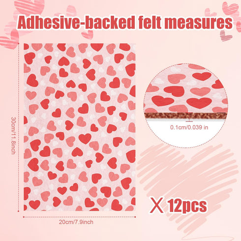 12 Sheets Self Adhesive Felt Sheets, 7.9x11.8 Inch Fun Heart Printed Felt Backed Felt Fabric for Weddings Gifts DIY Valentine's Day Supplies Decor...