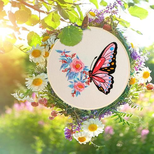MIKIMIQI Embroidery Starter Kit with Pattern, Flowers Butterfly Stamped Embroidery Kit Including Embroidery Fabric, Bamboo Embroidery Hoop, Thread...