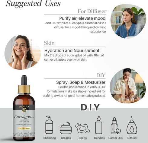Avatra Eucalyptus Essential Oil, Pure & Natural Therapeutic Grade Essential Oil | for Clear Skin Strong Hair | Aromatherapy, Diffuser- 3.38 Fl Oz...