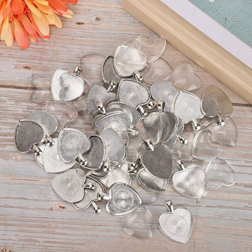 Pendant Trays Heart Shaped Pendant Setting Pendant Pendant, 60pcs Pendant Trays Heart Shaped Pendant Setting Cabochon Base Setting with Glass Cabo...