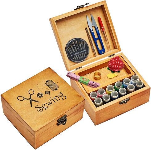 Sewing Kit Basket, Wooden Sewing Box with Accessories, Home Sewing Repair Tool Kit Sewing Starter Kit for Adults Kids...