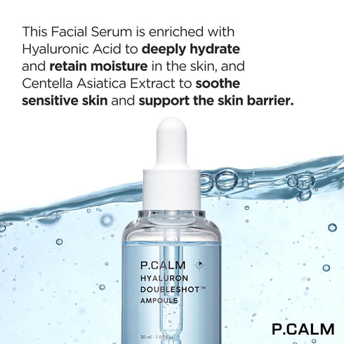 P.CALM Hyaluron Doubleshot Ampoule 30ml | Vegan Deep Hydrating Facial Serum with Hyaluronic Acid, Gryceryl Glucoside, Centella Asiatica for Sensit...