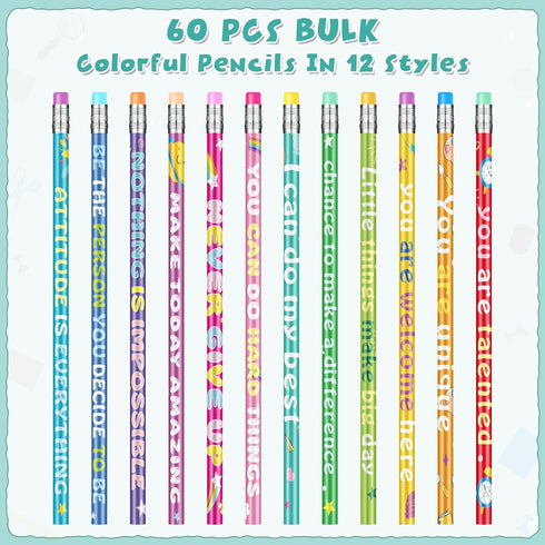60 Pcs Motivational Pencils Bulk, Rainbow Inspirational School Pencils for Classroom, Cute Pencils with Encourage Positive Sayings, Back to School...