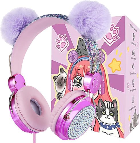 Kids Pom Headphones with Mic for Travel/Car/Plane,Added 85DB Limit Function&Shareport,Unicorns Gifts for Girls,On/Over Ear HD Stereo Wired Headset...