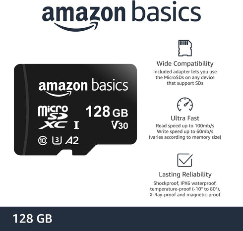 Amazon Basics Micro SDXC Memory Card with Full Size Adapter, A2, U3, Read Speed up to 100 MB/s, 128 GB, Black...
