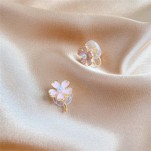 Clip On Pink Flower Pearl Fake Stud Earrings for Women No Piercings Ear Fashion Elegant Cherry Blossom Huggie Studs Wedding Valentines Day Jewelry...