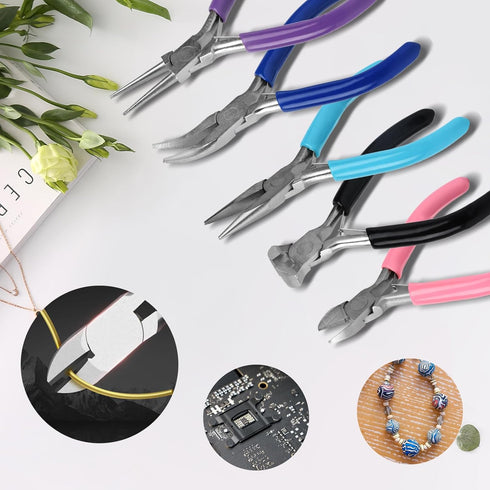 Jewelry Pliers, 5 Pack Jewelry Making Pliers Tools with Needle/Chain Nose Pliers, Round Nose Pliers, Bent Nose Pliers, End Nipper Pliers and Wire ...