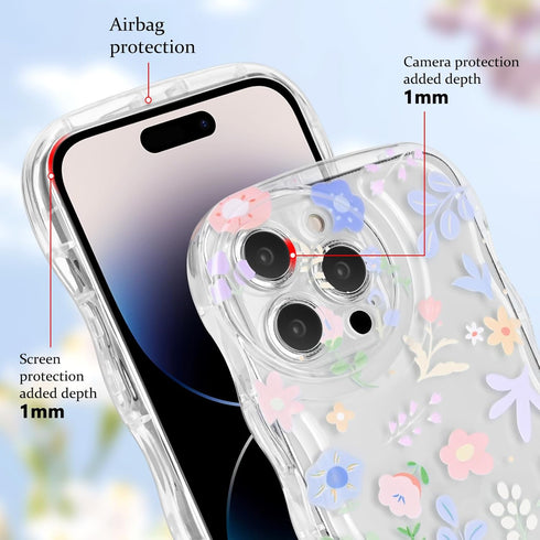 for iPhone 14 Pro Max Case, Cute Clear Colorful Flower Curly Wave Case with Lovely Flower Bracelet Chain for Women Girls Soft TPU Shockproof Bumpe...