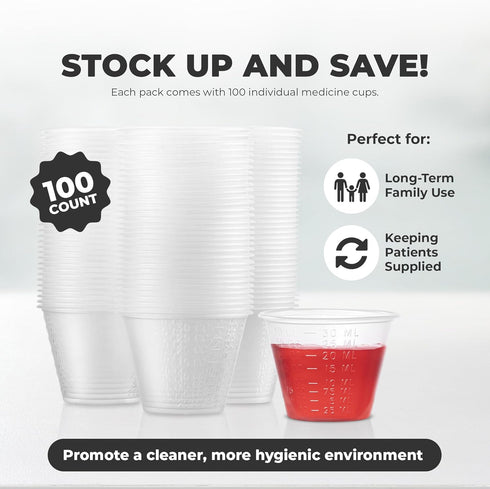 Graduated 1 oz. Plastic Medicine Cups, Detailed Liquid Measurements for Medications, Clear Containers, Disposable or Reusable, Supports Adults and...