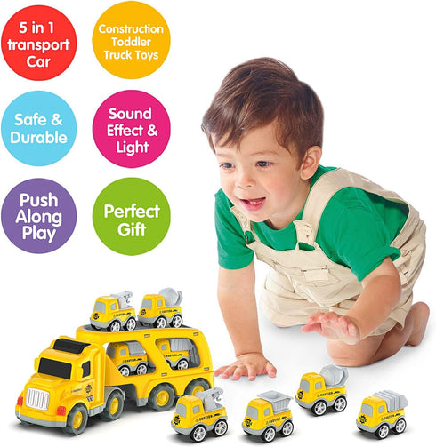 Trucks Cars Toys for 3 4 5 6 7 Year Old Boy Toddler, 5 in 1 Carrier Transport City Vehicles Toys with Light Sound, Christmas Birthday Gift for Tod...