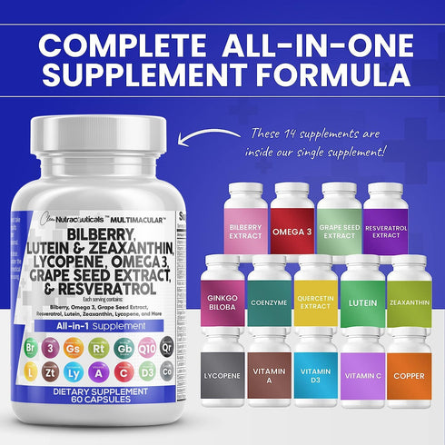 Eye Health Vitamins with Bilberry 6000mg Lutein & Zeaxanthin 40mg Lycopene 40mg Resveratrol 3000mg Grape Seed Extract 6000mg Omega 3 4000mg Astaxa...