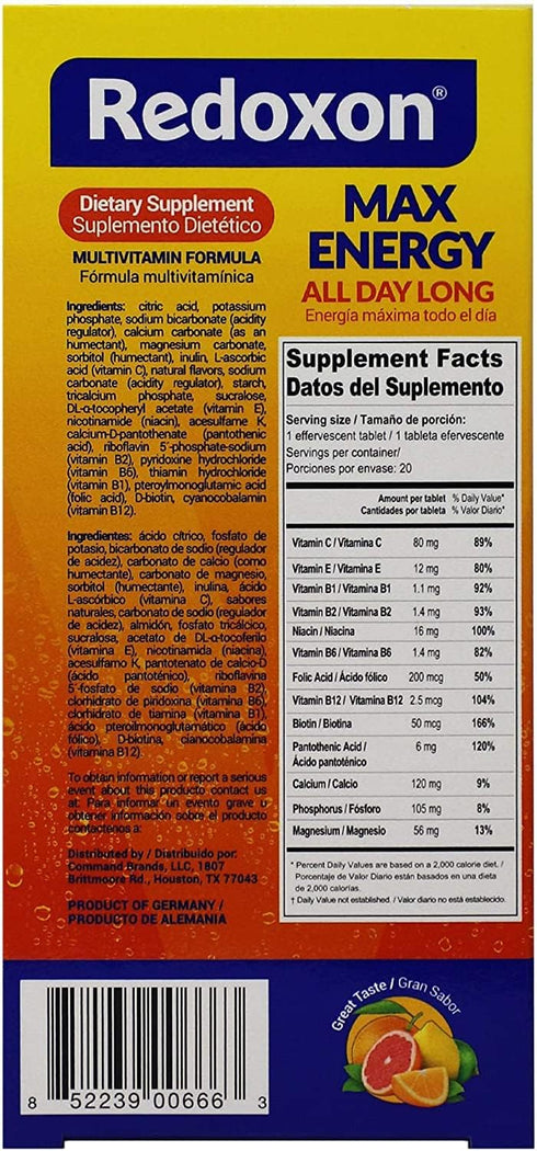 Redoxon Max Energy, Helps Support Inmune System, Citrus Flavor, 20 Effervescent Tablets, 2.82 Oz, Box...