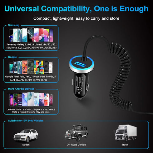 Android Car Charger Type C Cigarette Lighter Adapter with USB C Coiled Fast Charging Cable for Samsung Galaxy A15/A14 5G/A54/A53 5G/A23/A13/A03S/Z...