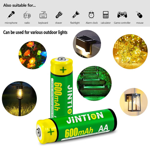 JINTION Rechargeable Ni-MH AA Batteries, Double A High Capacity 1.2V Pre-Charged 600mAh Battery for Solar Lights, String Lights, Remotes, Wireless...