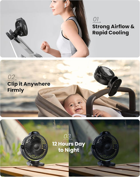 Koonie Portable Clip On Fan, Small USB Fan Battery Operated, 3 Speed Rechargeable Mini Fan With LED Display, 360° Rotate Personal Cooling Desk Fan...