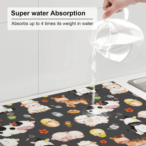 Farm Animal Dish Drying Mat for Kitchen Counter Cute Kitchen Mat Microfiber Kitchen Countertop Absorbent Reversible Drainer Rack Pad Dish Drying M...