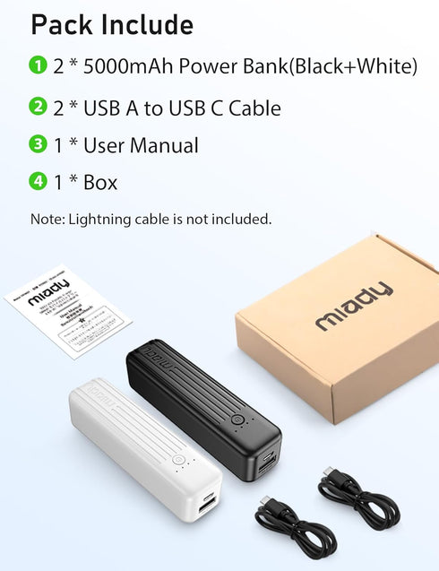 Miady 2-Pack Small Portable Charger, 5000mAh Mini Battery Pack 3.45oz Lightweight Power Bank 5V/2.4A Output & 5V/2A Input Compatible with iPhone, ...