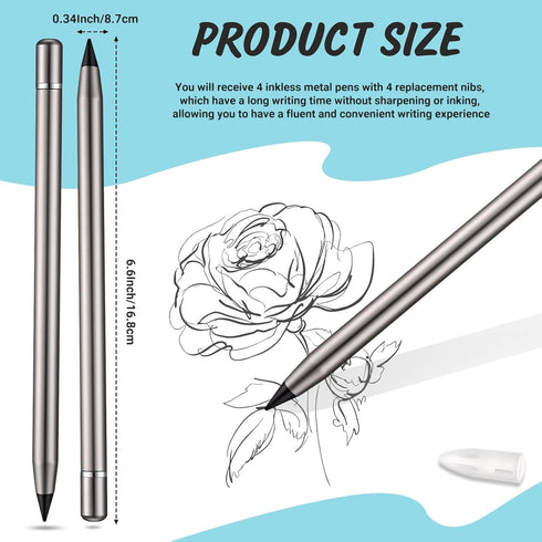 4 Pcs Metal Inkless Pen Inkless Erasable Pencil Metallic Pencil No Ink Aluminum Metal Pencil with Eraser for Writing Drafting Drawing Home Office ...