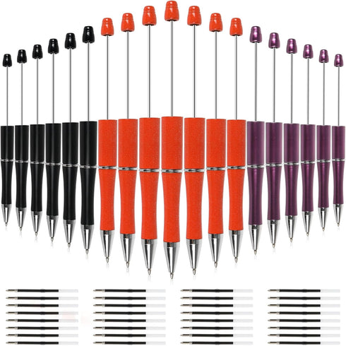 Whaline 24Pcs Halloween Beadable Pen Orange Purple Black Bead Ballpoint Pen Gel Ink Pen Retractable Writing Pens Beaded Crafting Pens with Extra R...