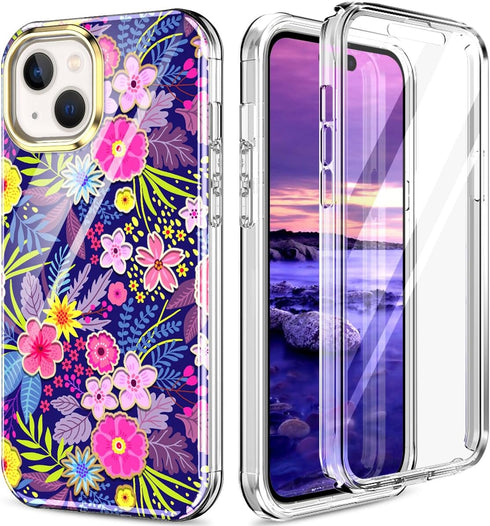 STERKER Compatible for iPhone 15 Case, Full Body Rugged Floral Pattern Case with Built-in Touch Sensitive Screen Protector, Soft TPU Bumper Case f...
