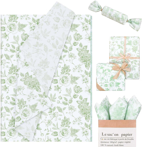 Whaline 100 Sheets Elegant Floral Tissue Paper Green Flower Gift Wrapping Paper Decorative DIY Art Craft Tissue Paper for Spring Wedding Birthday ...