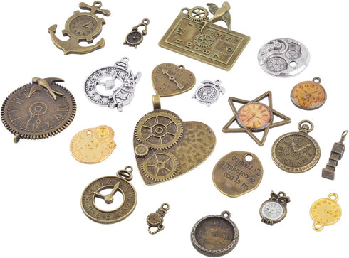 BronaGrand 20pcs Mixed Antiqued Charms Clock Face Charm Pendant, DIY Crafts, Gears, Jewelry Making, Steampunk Pendants,3 Colors...