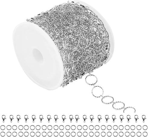 16.4 Feet Silver Plated Brass Chain for Jewelry Making Handmade Embossed 8mm Circle Link Chain Necklace DIY Supplies with 20pcs Open Jump Rings 50...