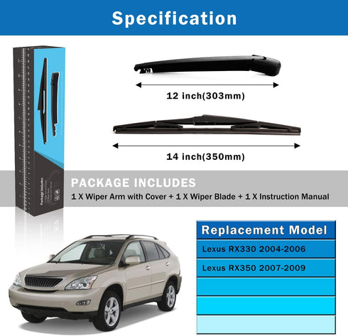 WTI Rear Wiper Arm Blade Set Compatible With Lexus RX330 2004-2006 / Compatible With Lexus RX350 2007-2009 WTI Rear Wiper Arm Blade Set...