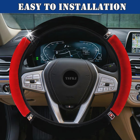 Diamond Fluffy Steering Wheel Cover with Sparkly Crystal Rhinestones, Universal 15 Inch Car Elastic Steering Wheel Protector for Women Girls (Red)...