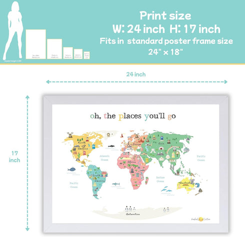 Oh the Places you'll Go Illustrated Kids World Map (24x17”) - Vibrant Educational World Map for Kids Wall Decor with Global Animals and Landmarks...