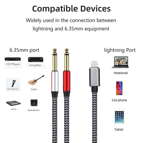 Lightning to Dual 6.35mm 1/4" TS Mono Stereo Y-Cable Splitter Lightning to Dual 1/4 inch Audio Cable Compatible for iPhone14/13/12/11/X/8/7/iPad,A...