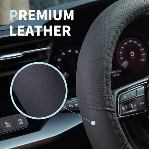 Leather Steering Wheel Cover, Car Steering Wheel Cover, Microfiber Leather Covers Breathable Anti-Slip Odorless Universal Fit 14.5-15 inches - Bla...