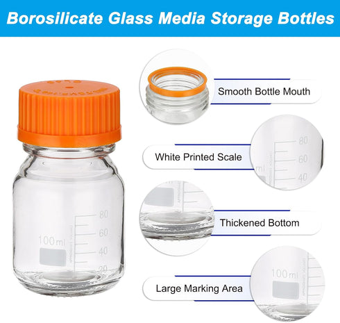 PATIKIL 2 Pack Reagent Media Storage Bottles, 100ml Borosilicate Glass Graduated Round Bottles with Orange GL32 Screw Cap for Lab Water Reagent Li...