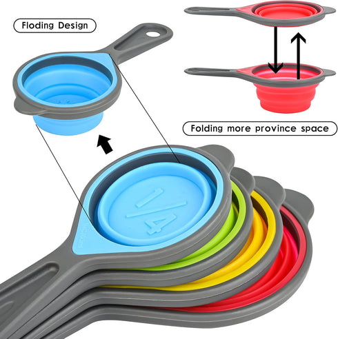 Collapsible Measuring Cups and Spoons Set, Silicone Kitchen Dry Measuring Set, Cute Camping Measure Cups...