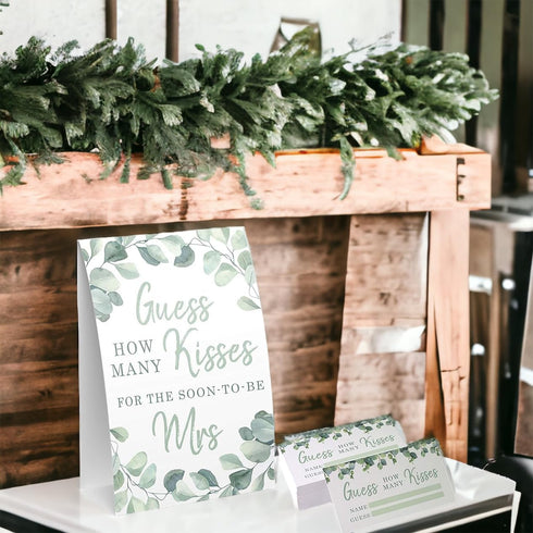 Your Main Event Prints Eucalyptus Bridal Shower Games – How Many Kisses For The Mrs, Includes 1 Stand (5x7) and 50 Guessing Cards...